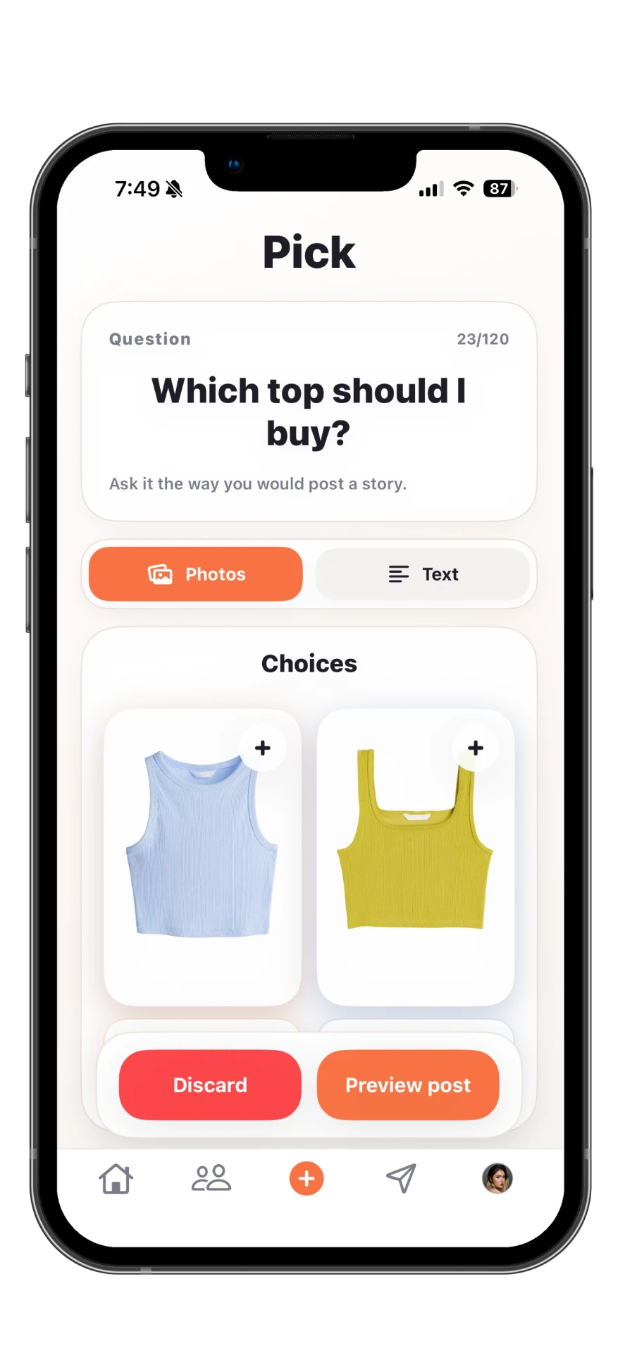 Pickd app screen — Create a pick